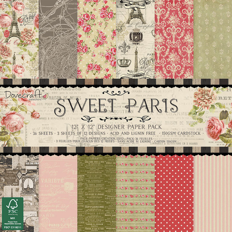 DOVECRAFT DESIGNER PAPERS 12 SHEETS FROMSWEET PARIS 6 x 6 PRINTED PAPER